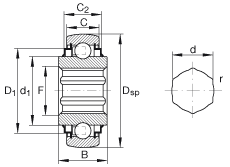外球面球軸承 SK104-207-KRR-B-AH12, 球面外圈，內(nèi)圈帶六角形孔，兩側 R 型密封